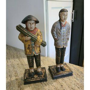 Pair of Chinese Statue Figures. About 16-17"  Mandarin outfit? Bamboo? Braid